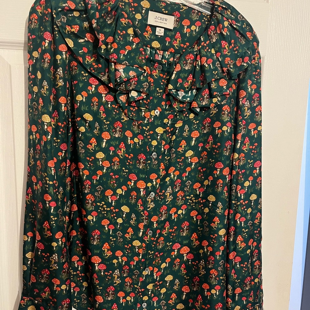J. Crew Teal Blouse with Mushroom Print